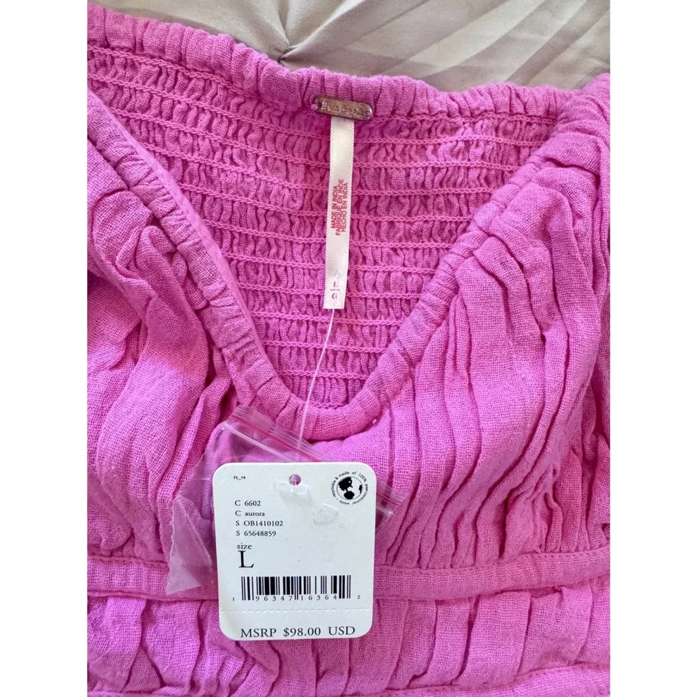 NWT Free People Chloe Blouse Aurora Pink Smocked Peplum Top Womens L